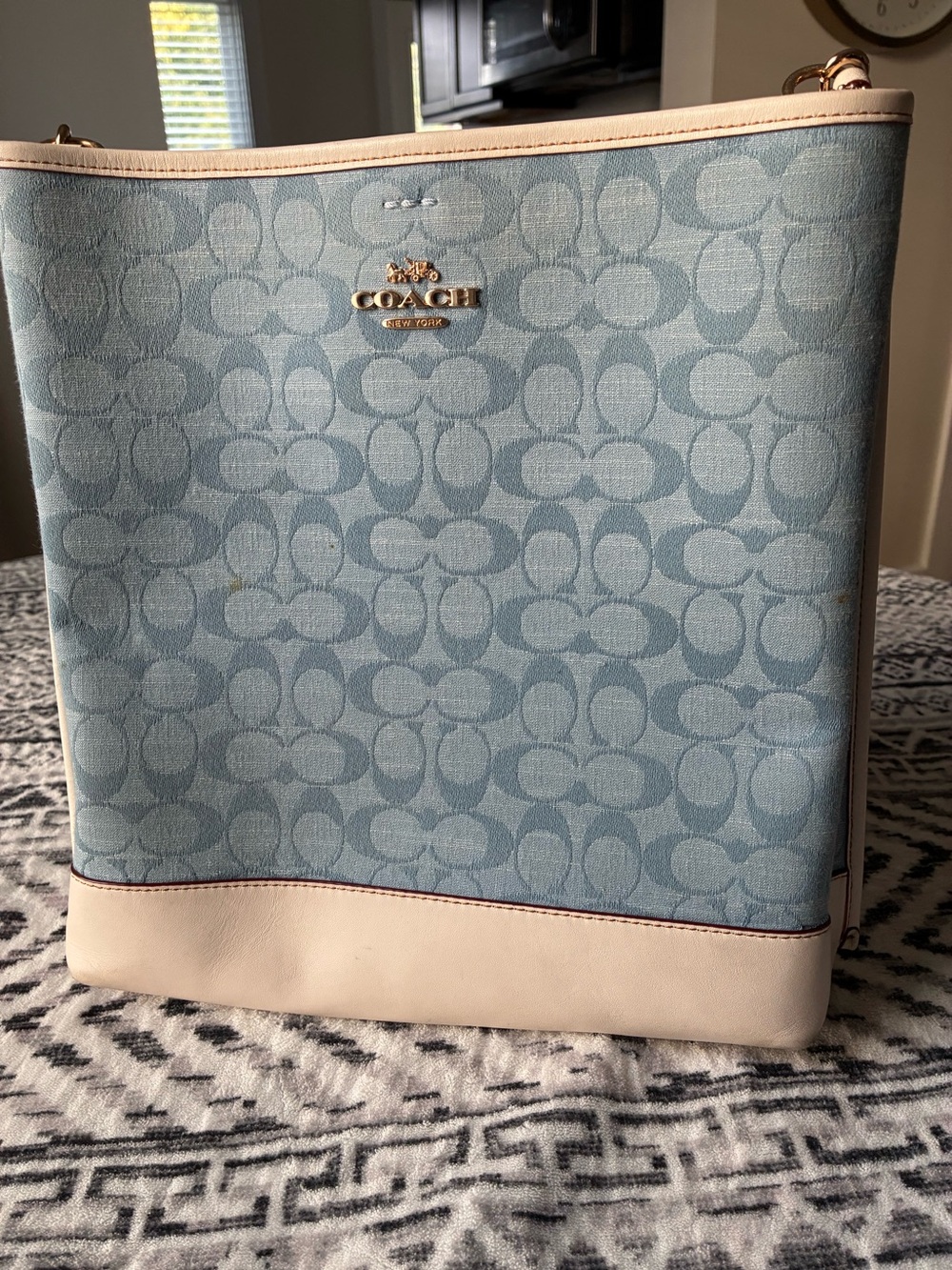 Coach Light Blue Signature Canvas Shoulder Bag with Cream Trim